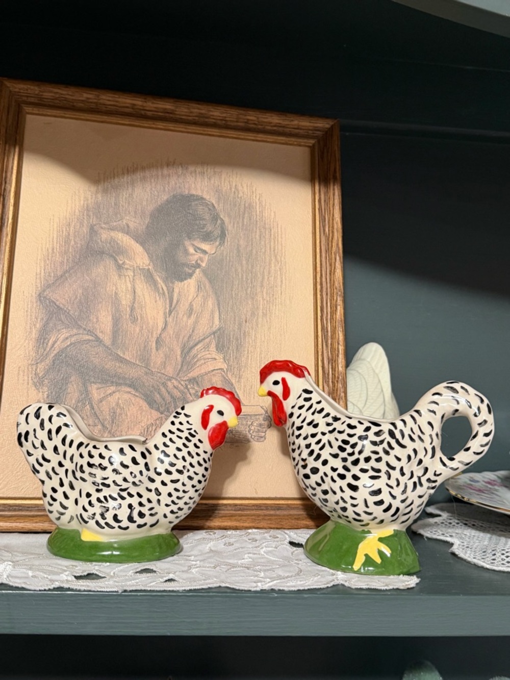 Handpainted Speckled Hens White, Black, Red, Green